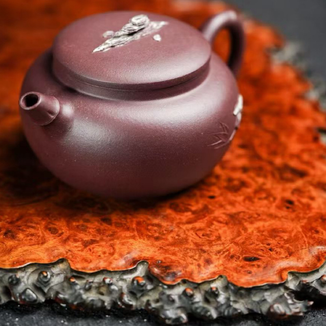 宜兴原矿紫砂石竹壶半手工制作170cc老紫泥内推孔出水