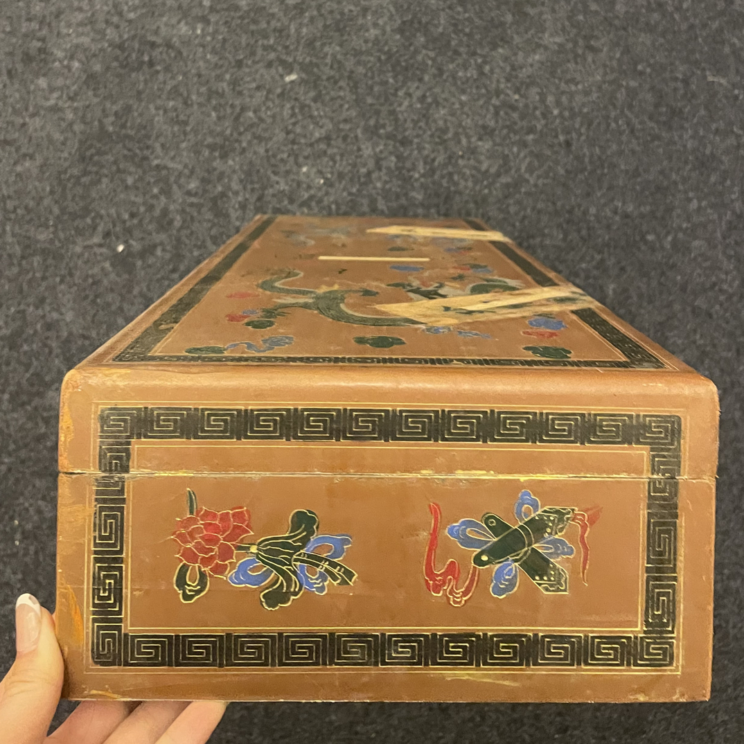 【闪购商品】闷/黄漆长方扁双龙木箱摆件复古工艺