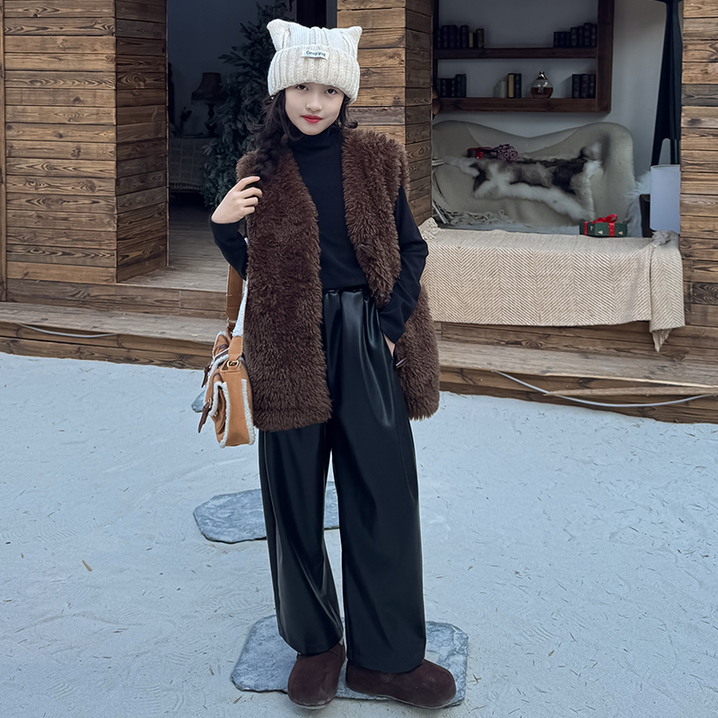 【皮裤】2025新款秋冬季女童PU皮裤特革小羊皮女孩保暖童装阔腿长裤