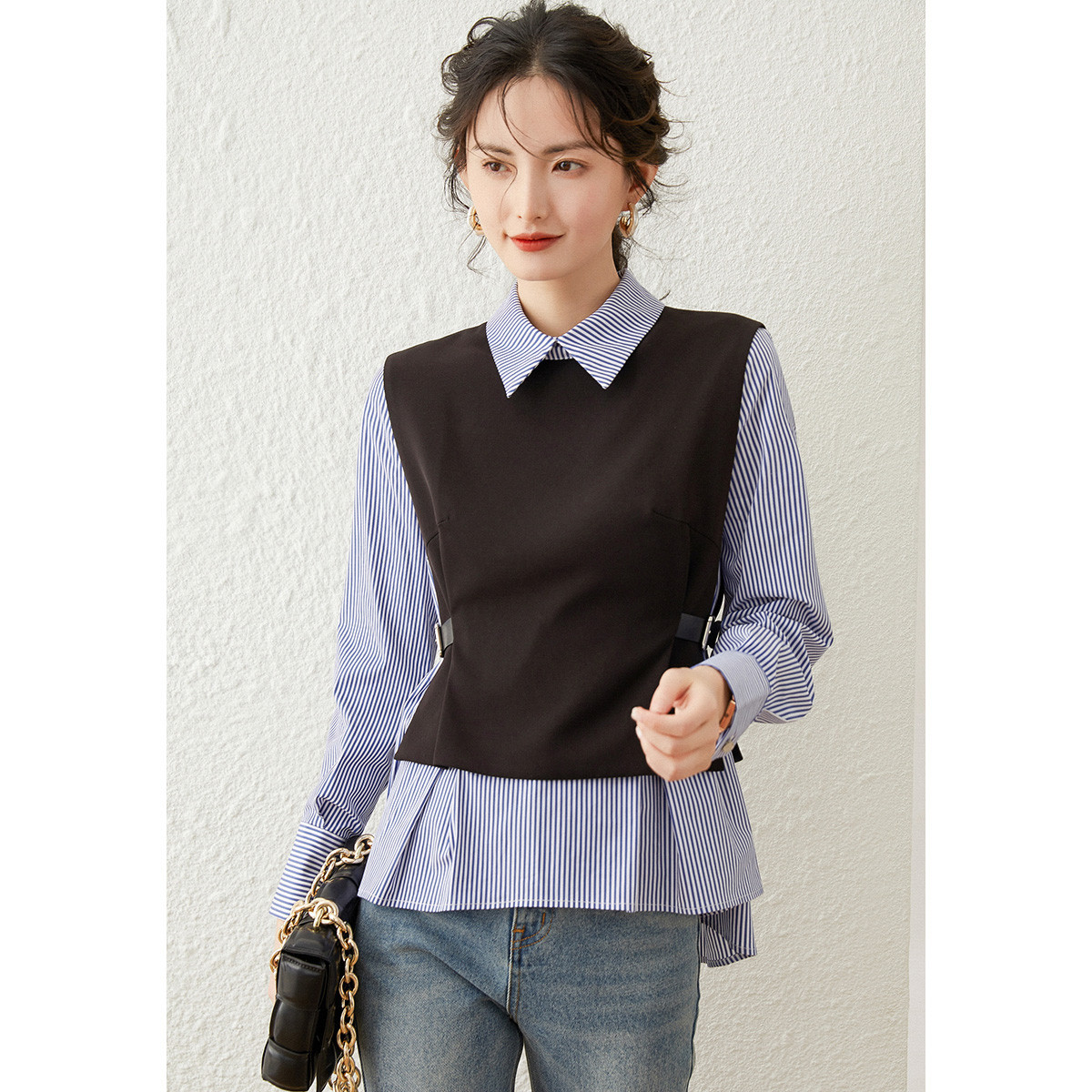 【绿子粉丝专享】&白鹿语春小清新时尚翻领拼接假两件衬衫ZBL10062