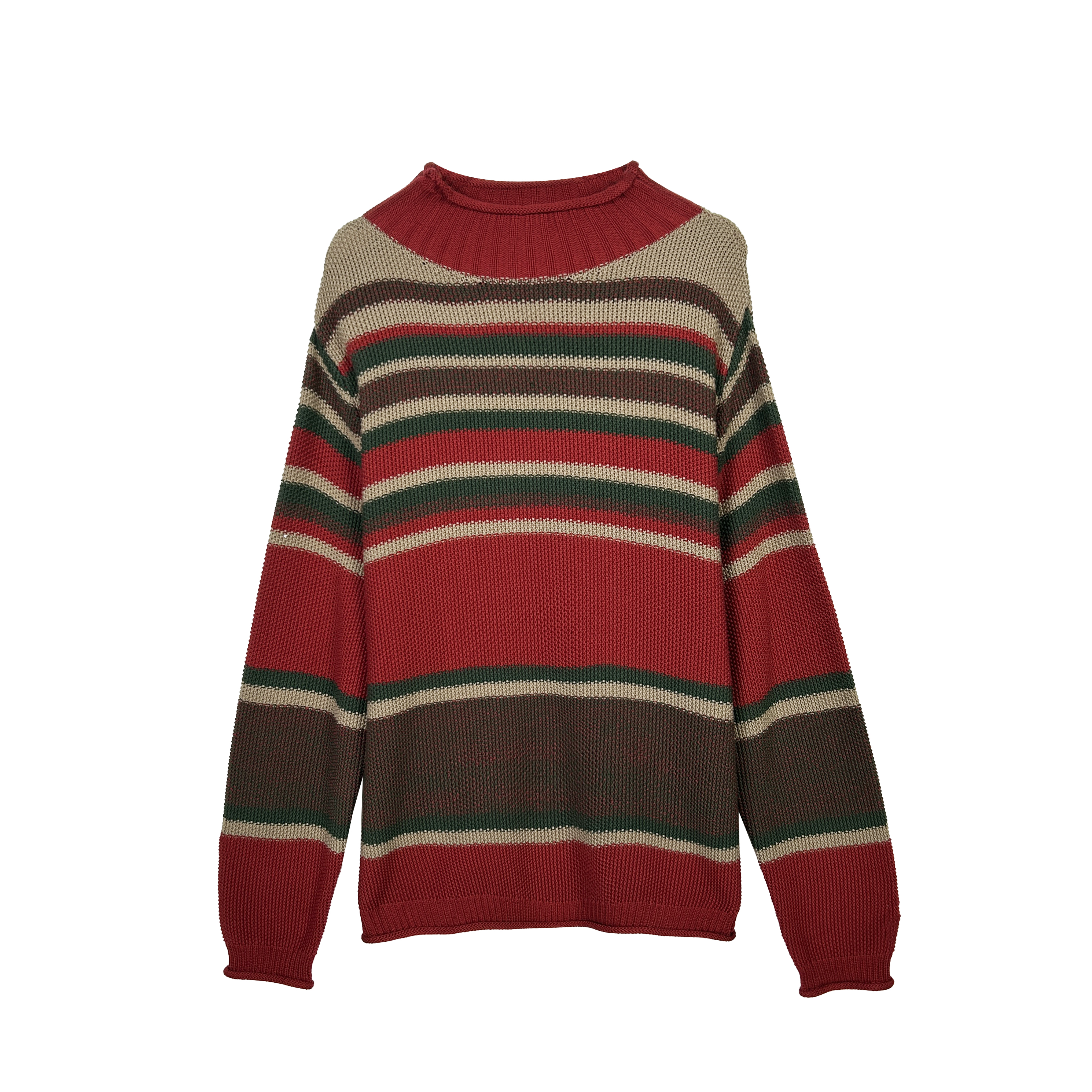 964【大牌女装】红色秋冬定制中高领条纹拼接休闲百搭宽松上衣