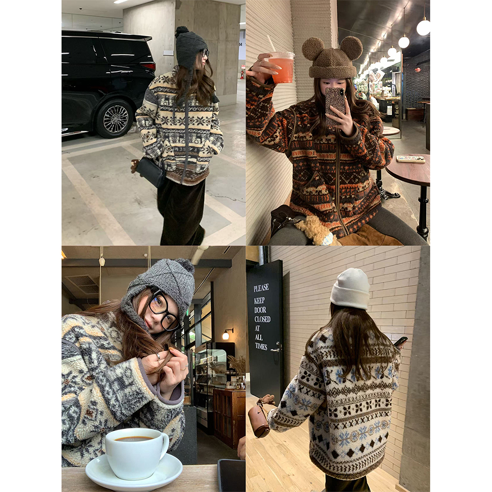 【费尔岛来信】提花仿羊羔绒立领加绒加厚夹克外套女保暖上衣23093#