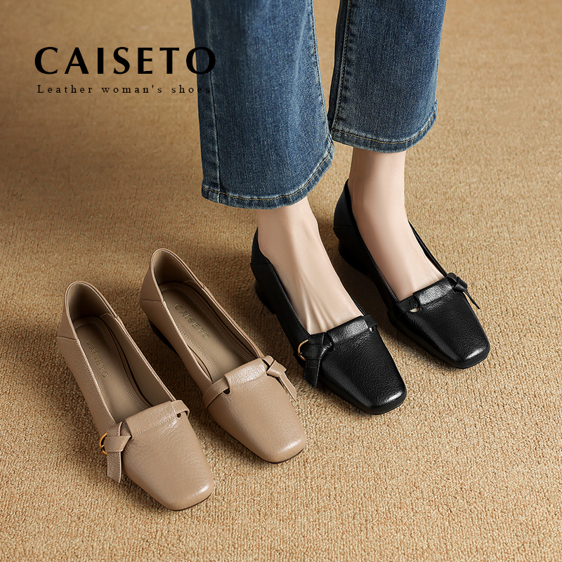 头层羊皮/3cm新款方头荔枝纹真皮低跟单鞋软底软面百搭女鞋24D670