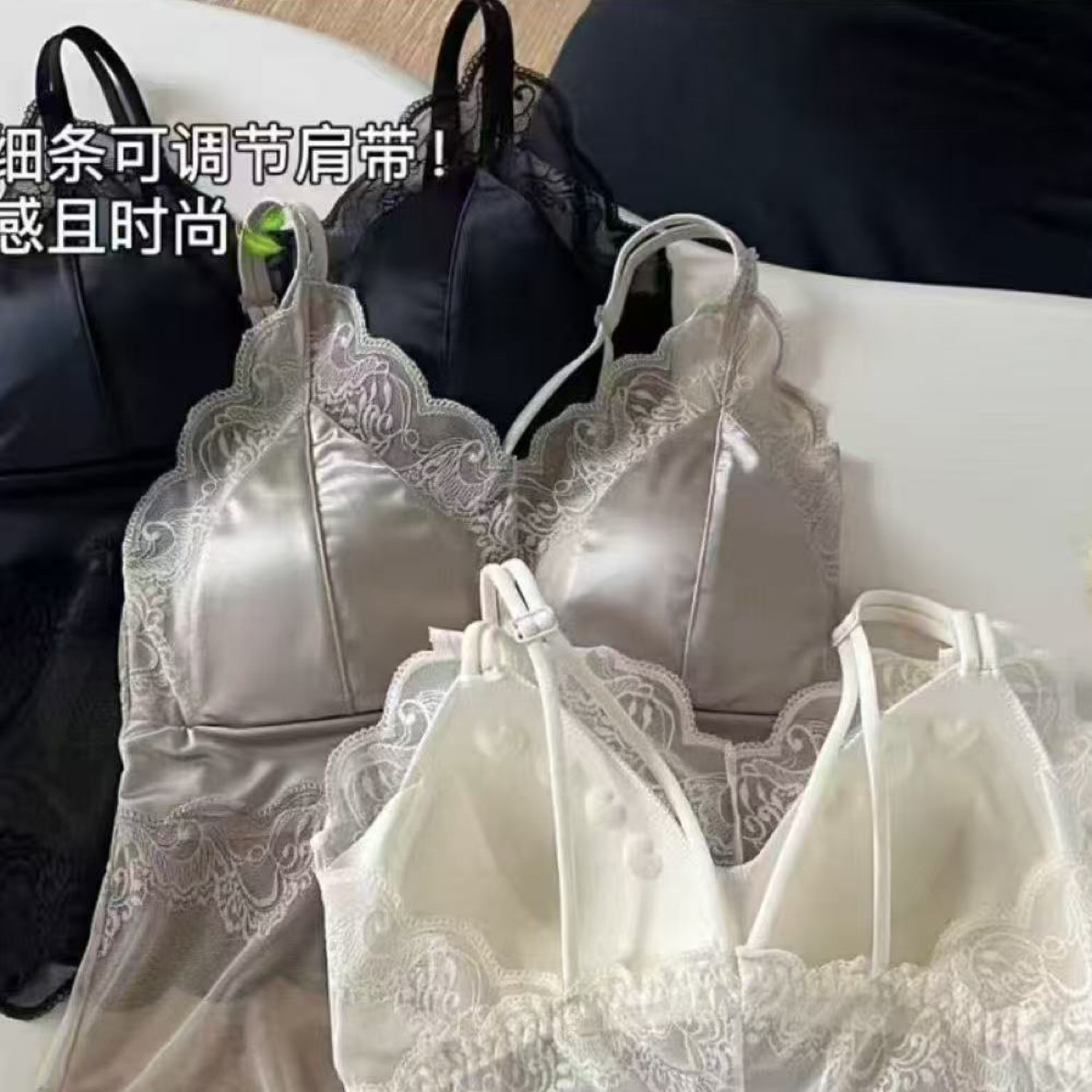 春夏轻奢缎面性感蕾丝吊带背心固定胸垫美背洋气百搭内衣