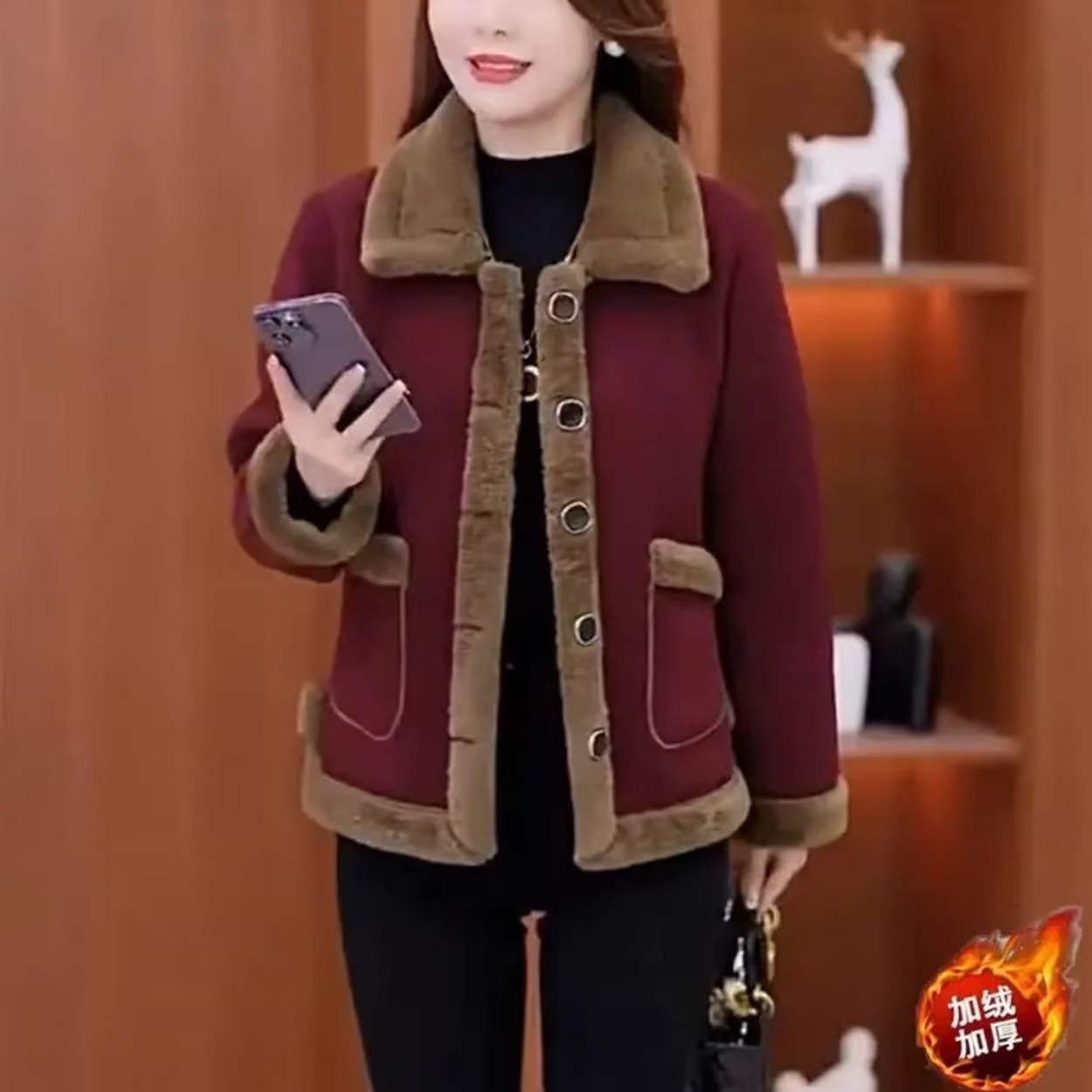 加绒加厚女士外套秋冬新款洋气显瘦保暖时尚短款气质一体绒外套潮