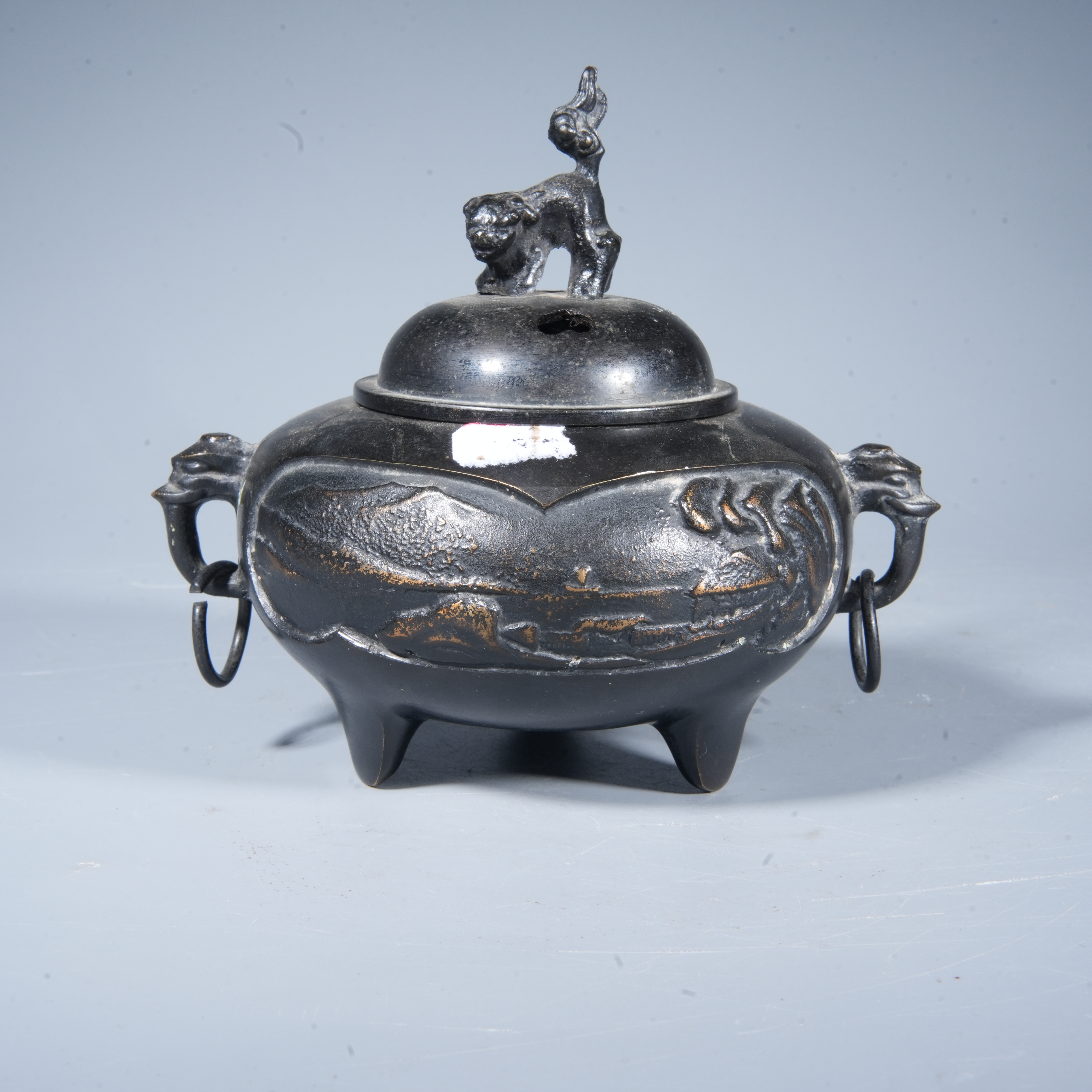 Tgz13 清代 铜狮钮衔环耳香炉