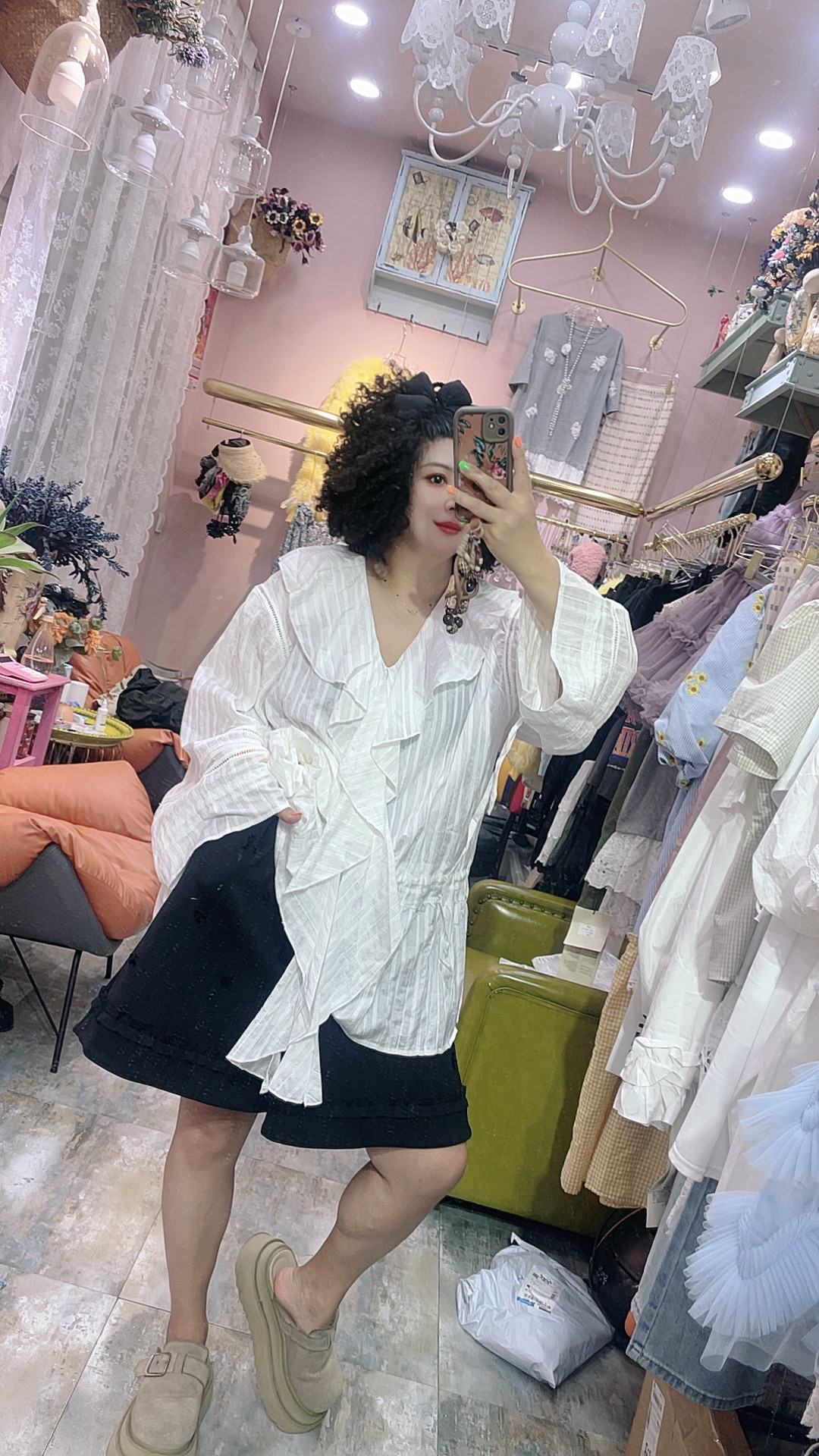 宽松型常规款法式荷叶边T恤设计师重工复古工装风