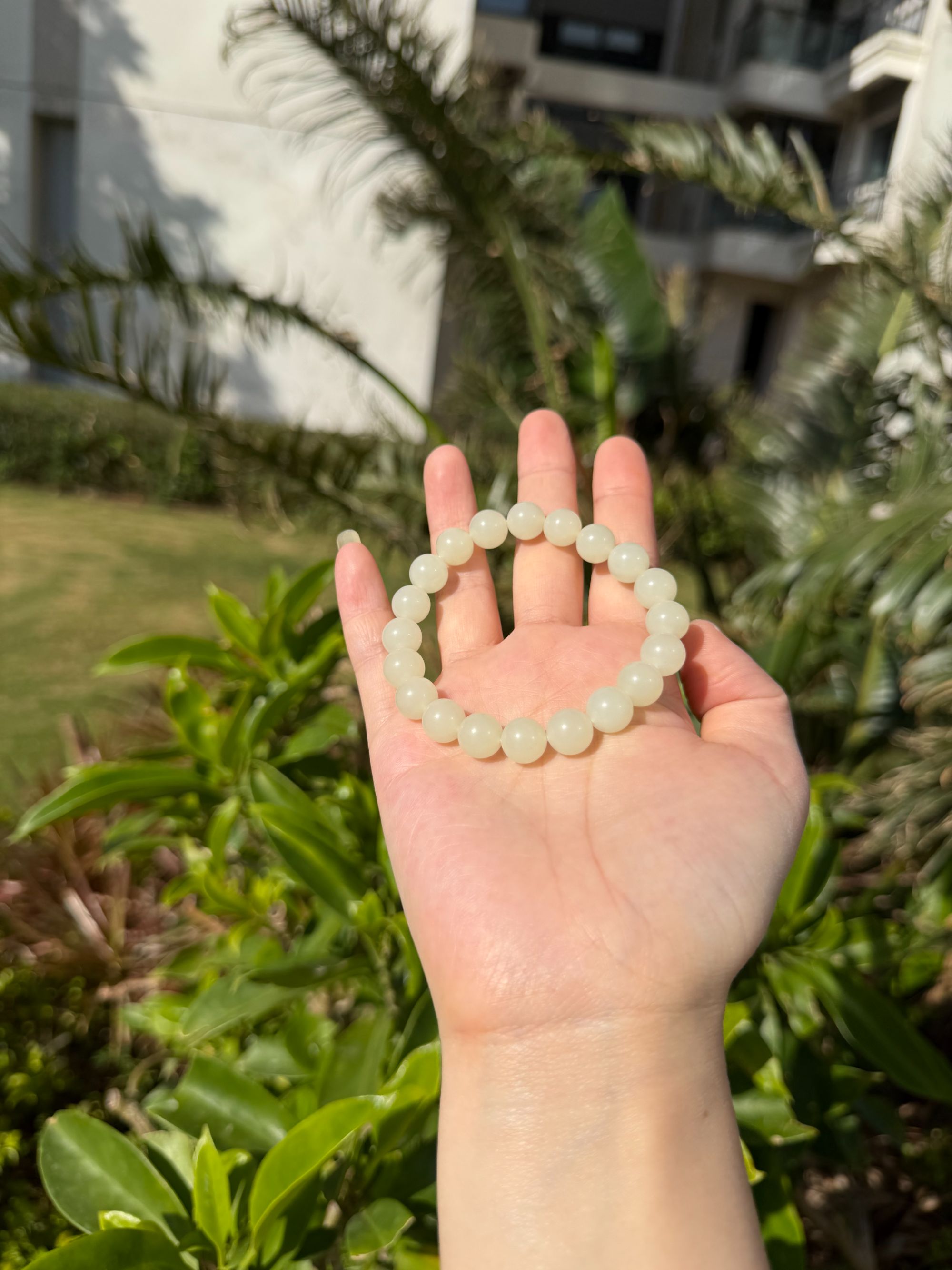 【玉瑾小裴原创】和田玉白玉暖黄调圆珠手串卡10素圈