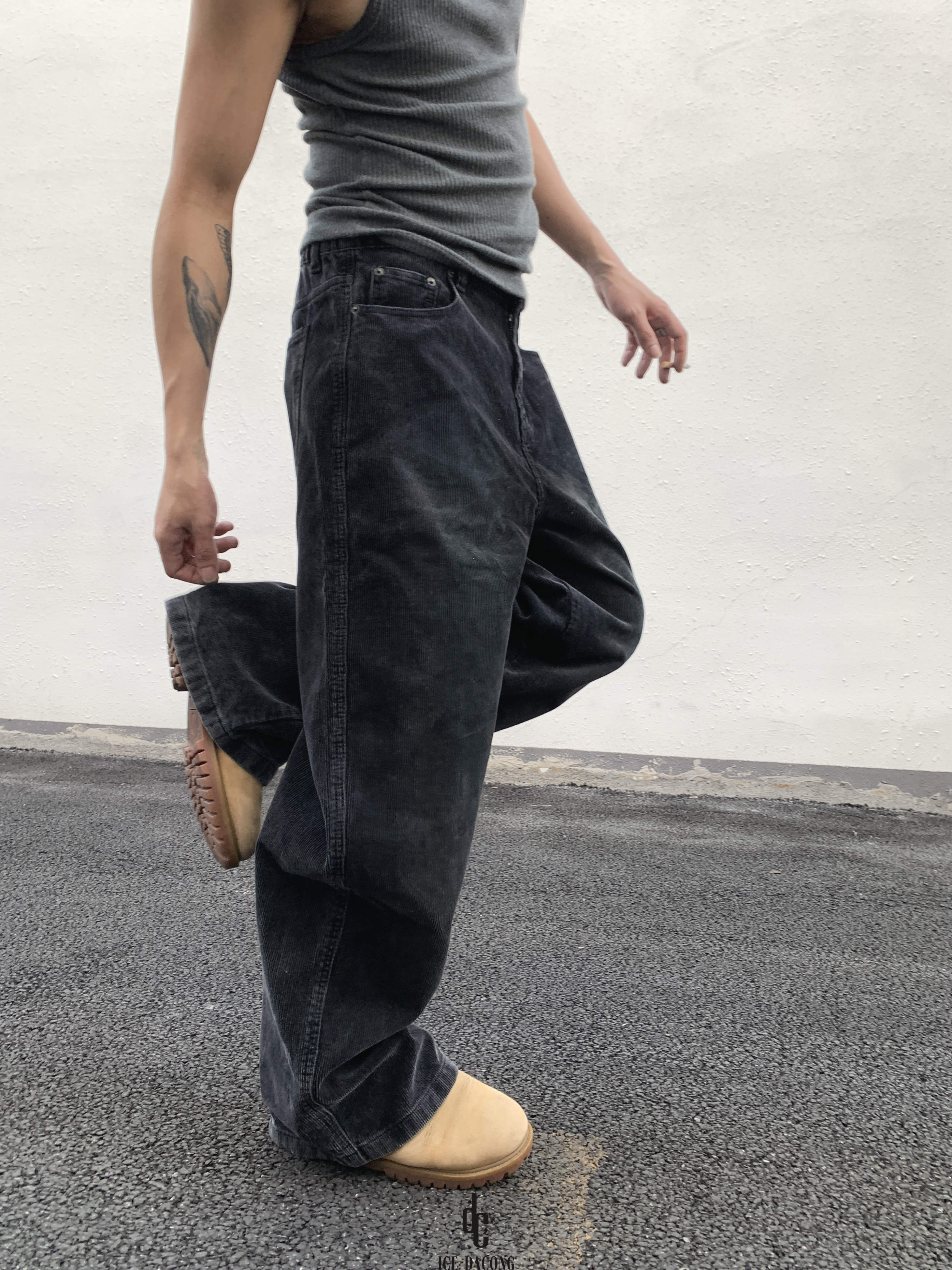 大葱美式复古灯芯绒工装裤休闲裤男女秋冬保暖弹力腰阔腿捏褶长裤