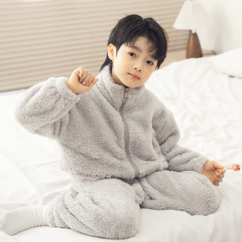 儿童睡衣秋冬季法兰绒加厚极简风韩版百搭家居服套装立领冬款宝宝
