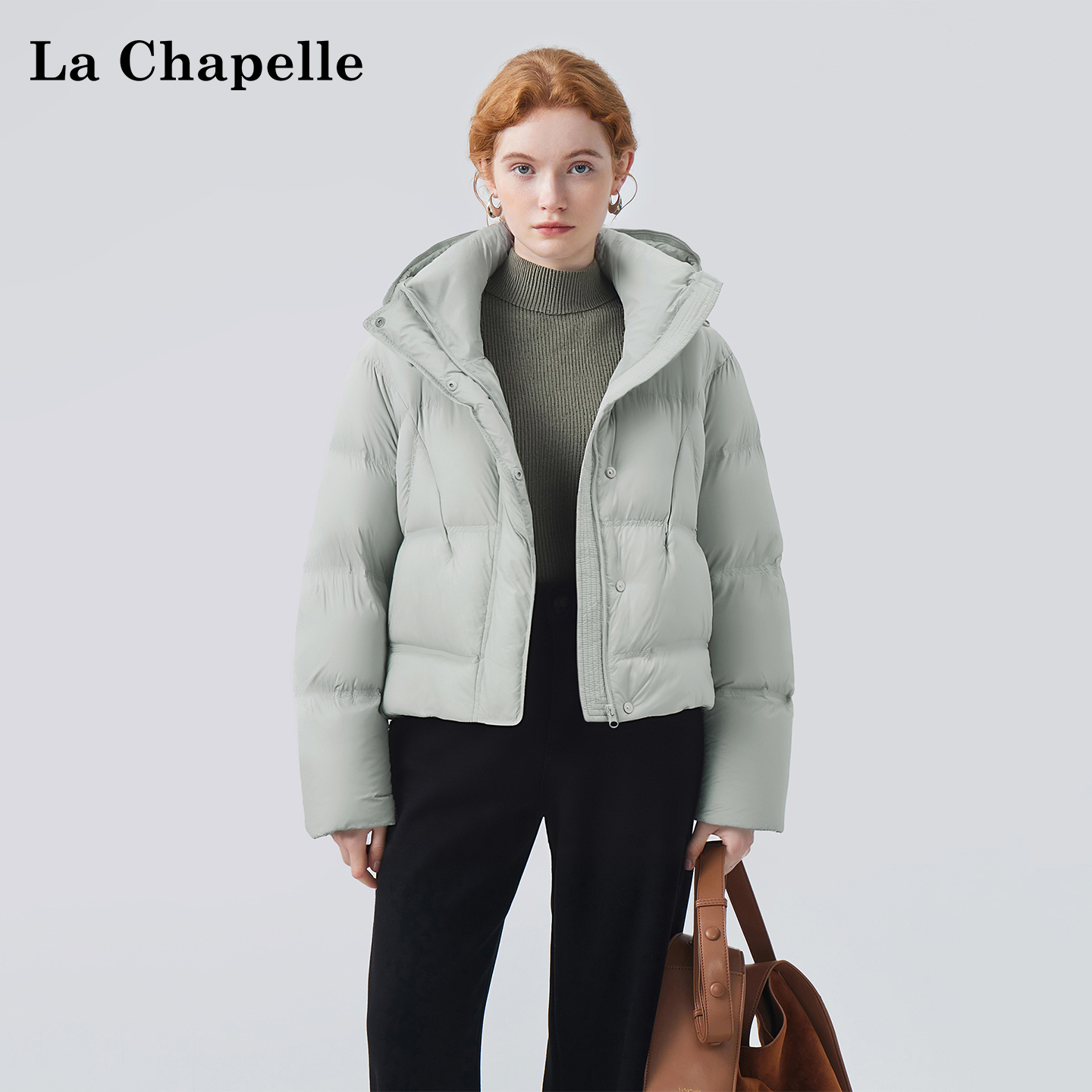 拉夏贝尔连帽调节绳按扣拉链羽绒服女白鸭绒加厚保暖短款冬季新款