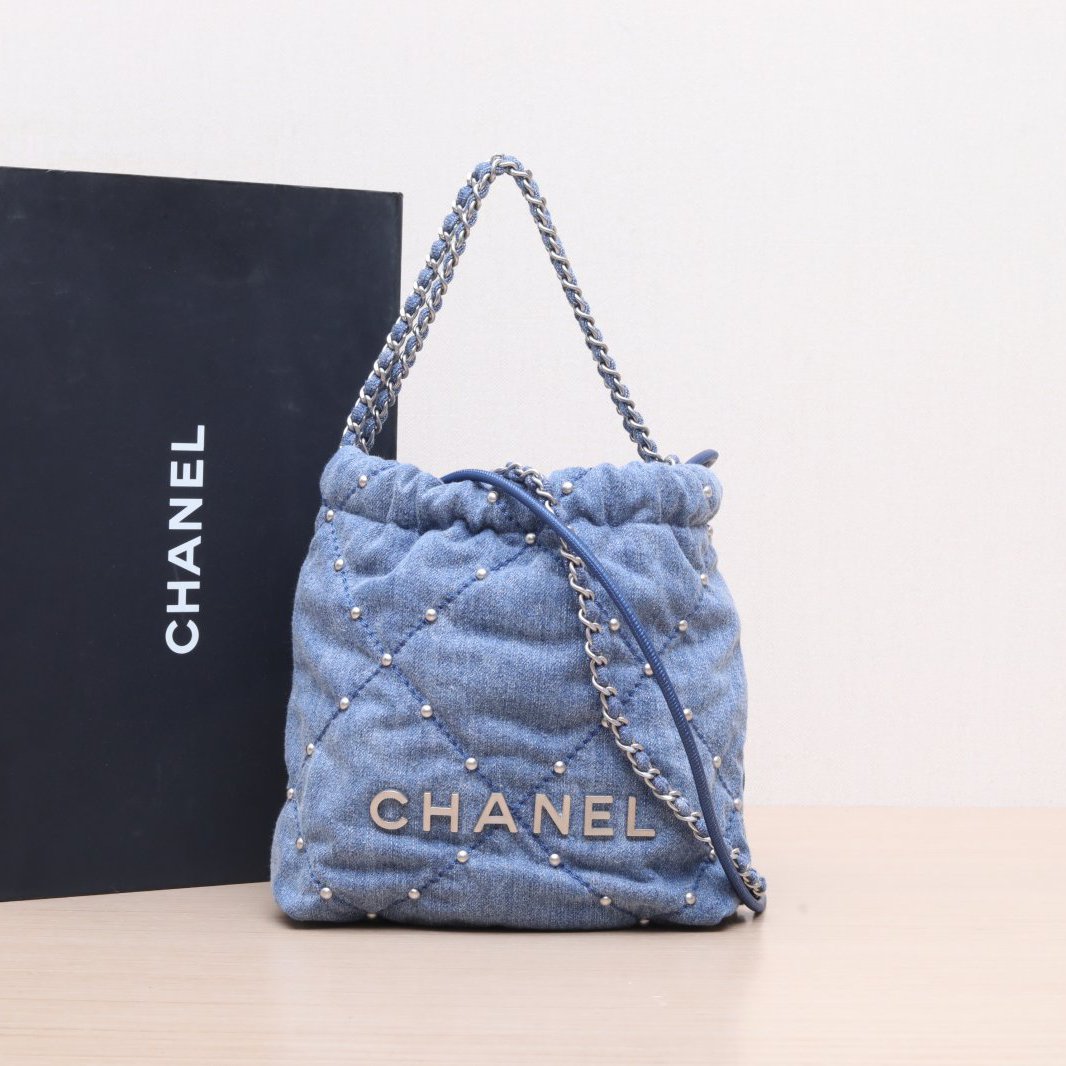 99新 Chanel/香奈儿 小花6欢 22Bag Mini 牛仔蓝 芯片开包
