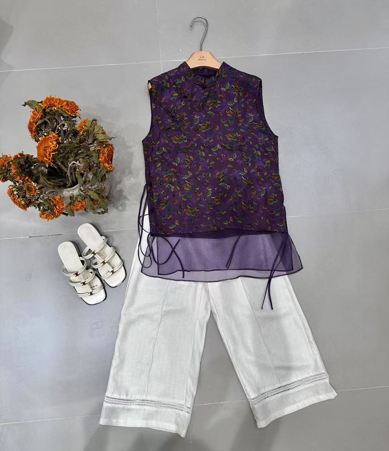 无袖蝴蝶银杏叶国风真丝上衣