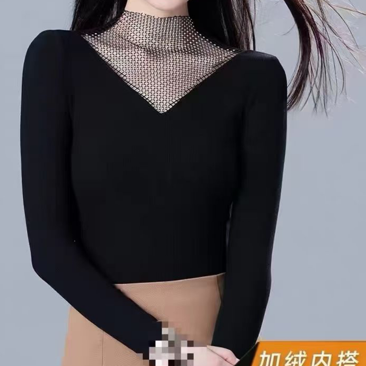 新款烫钻纯色百搭T恤女保暖网纱打底衫