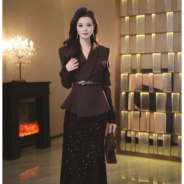 【两件套】【有里布】【送腰带】气质名媛高级感亮片裙子套装女DM0066