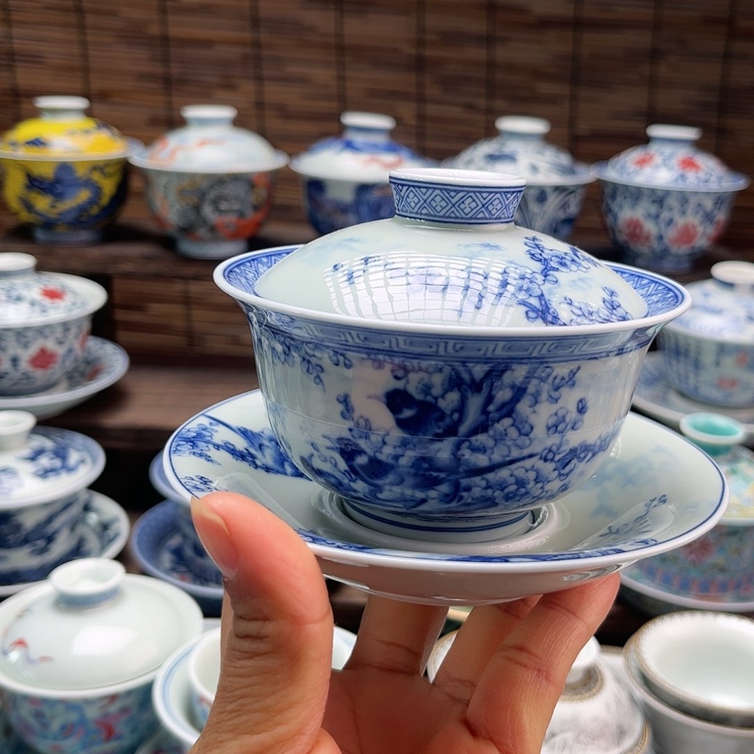 陶摆件景德镇陶瓷三才盖碗