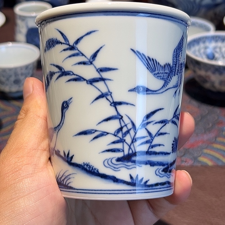 精品青花飞鸣宿食图小可乐杯口径约8.3厘米