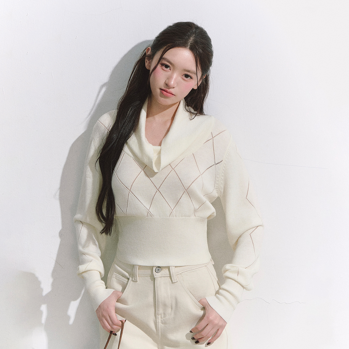 OIOI ESSE｜复古堆堆领镂空菱格针织衫女秋冬松弛感上衣