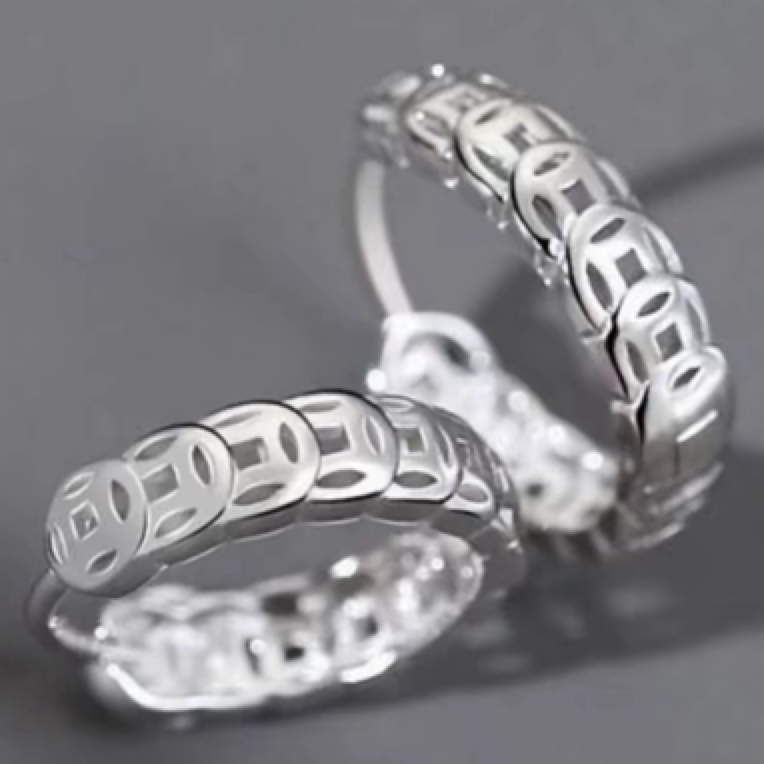 足银银制品 足银990银精工镂空开心钱多多耳扣0180