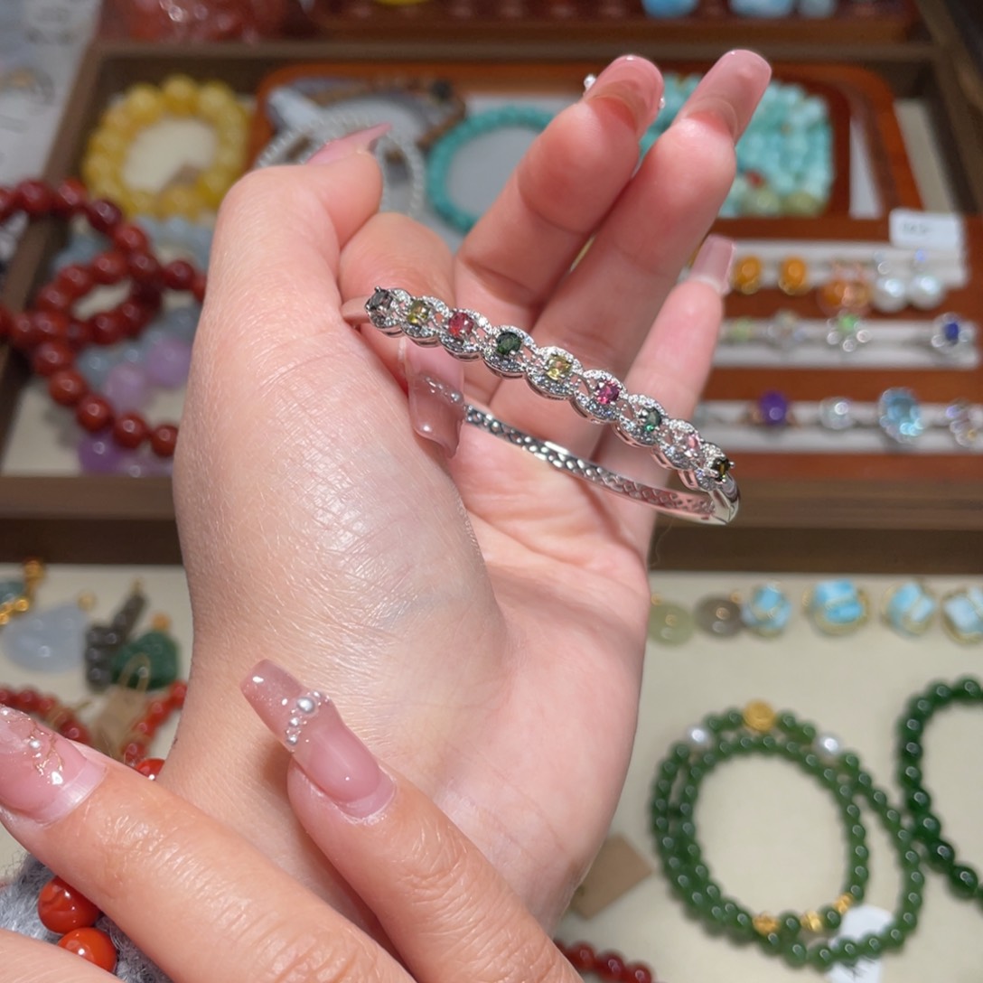 碧玺手镯银S925镶嵌手镯