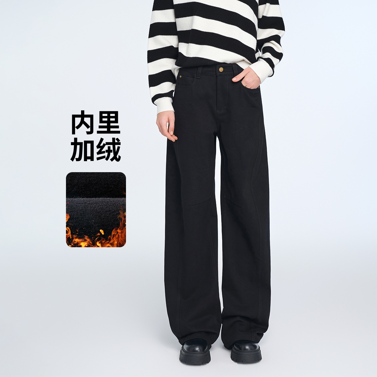 [纯棉加绒]navigare意大利小帆船黑色牛仔裤女厚款裤子显瘦弯刀裤