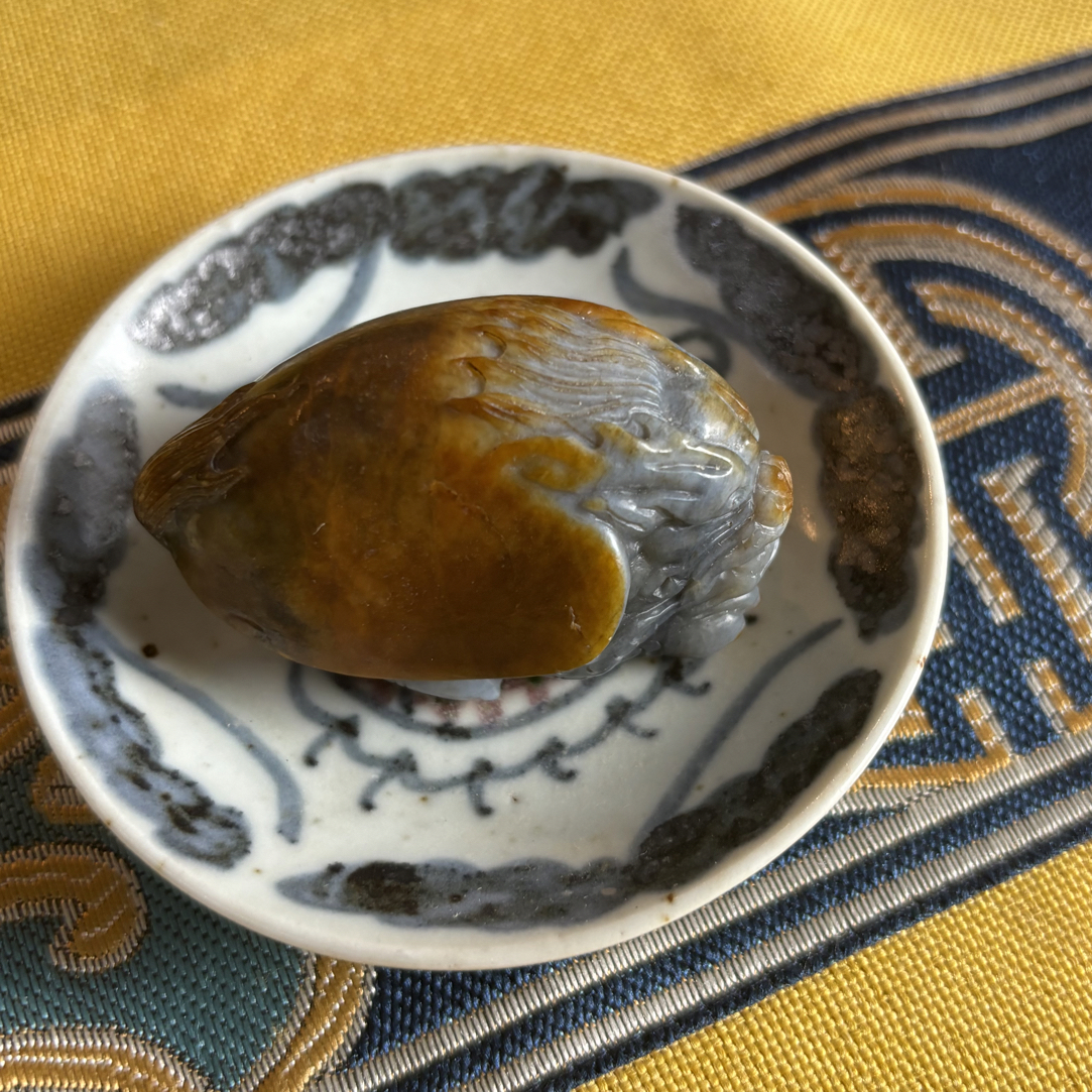 和田烟青原皮龙龟+鱼盘（清）手把件摆件