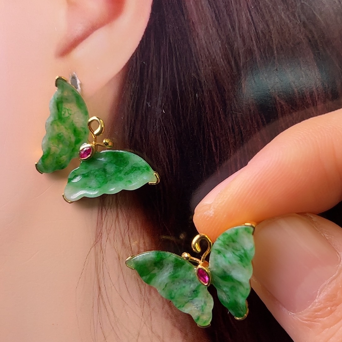 s***e翡翠18K金镶嵌耳饰耳坠