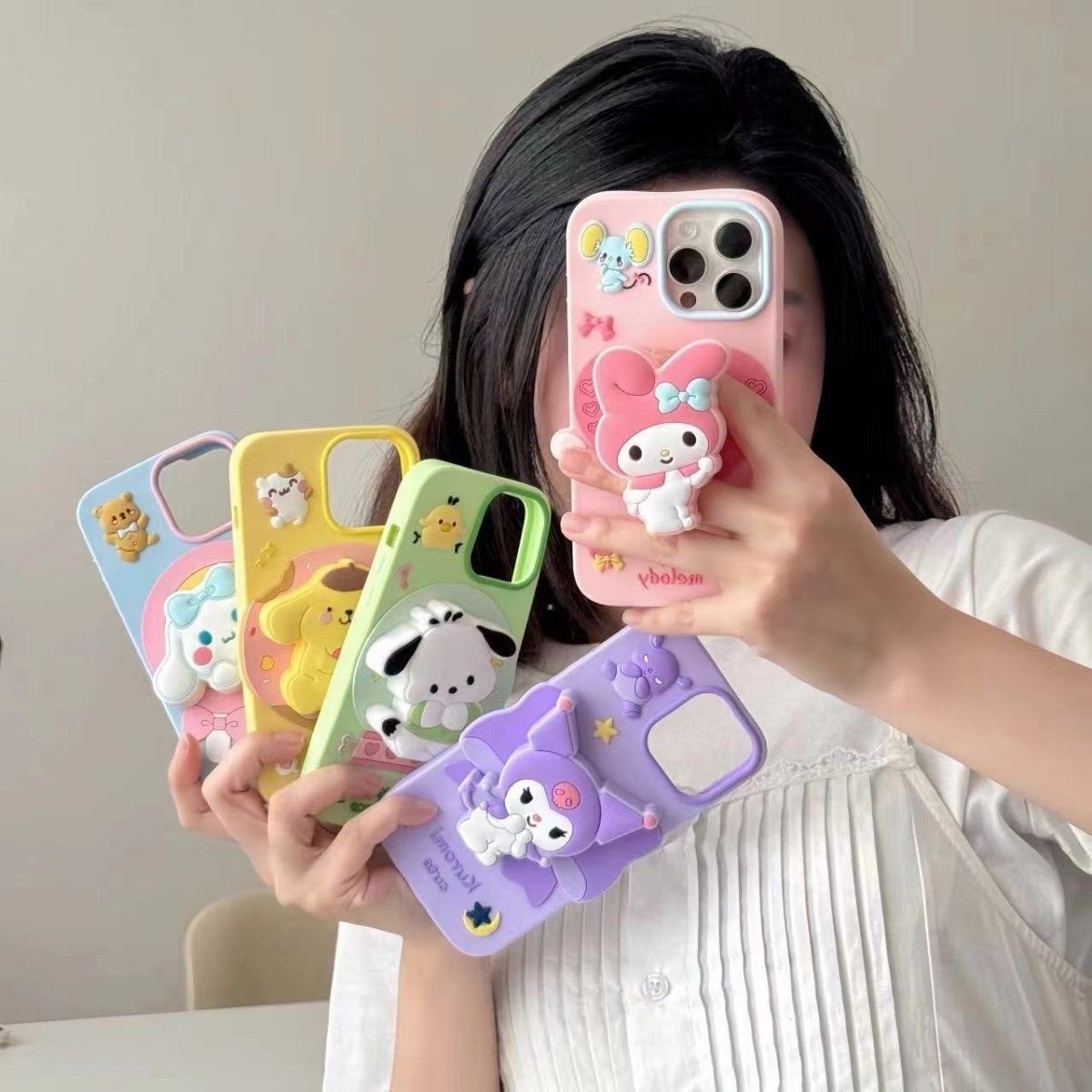 （苹果）美乐蒂库洛米支架卡通可爱适用iPhone15少女款硅胶手机壳