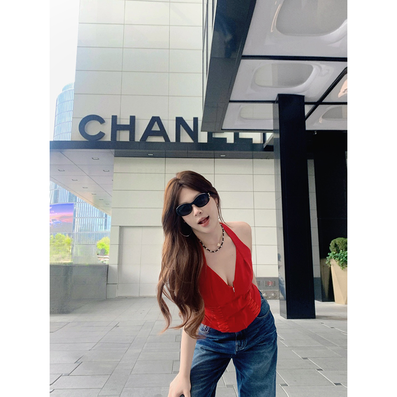 【收官大促 抢完即止】红色拉链鱼骨吊带抹胸上衣K425U03563