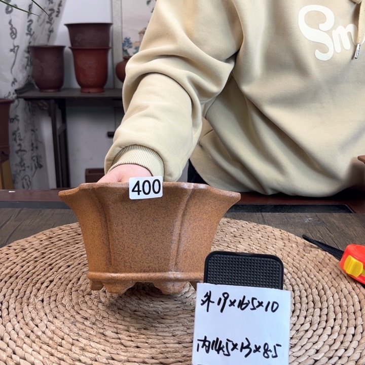 紫砂花盆柴烧花瓣六方400