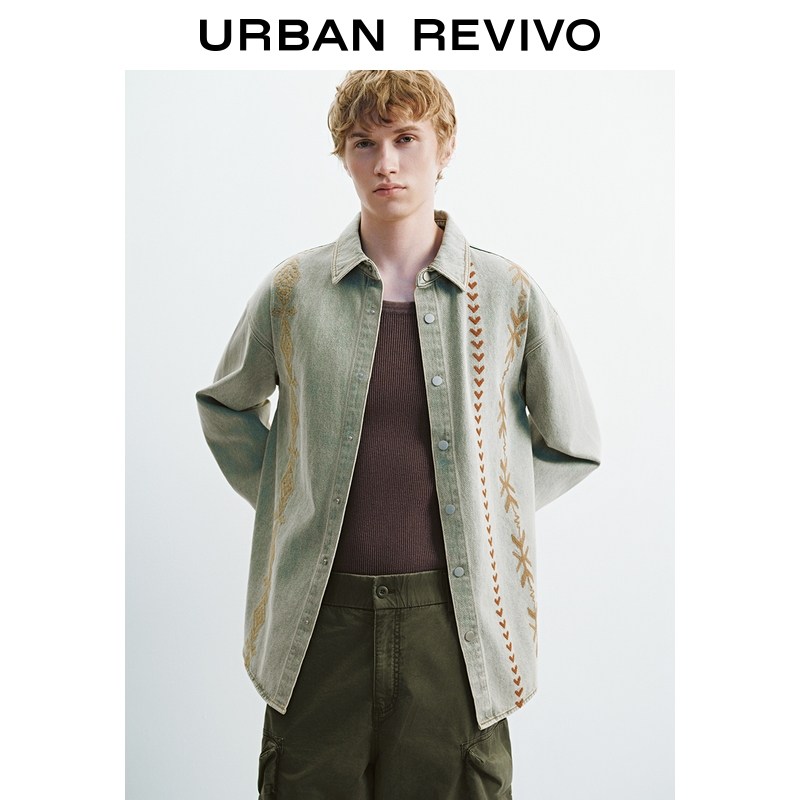 UR2025秋季新款男装琥珀流光风图案长袖牛仔衬衫UML850092