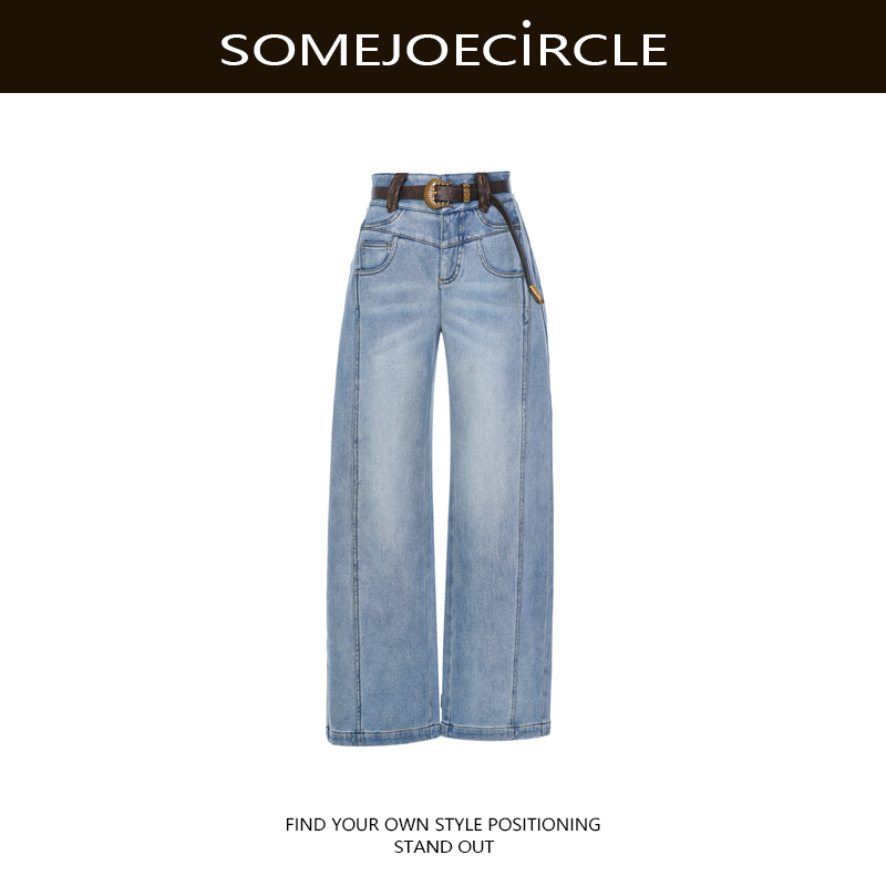 【DZ】SOMEJOECIRCLE【弯刀香蕉】复古做旧磨白阔腿牛仔裤女裤子Z7827