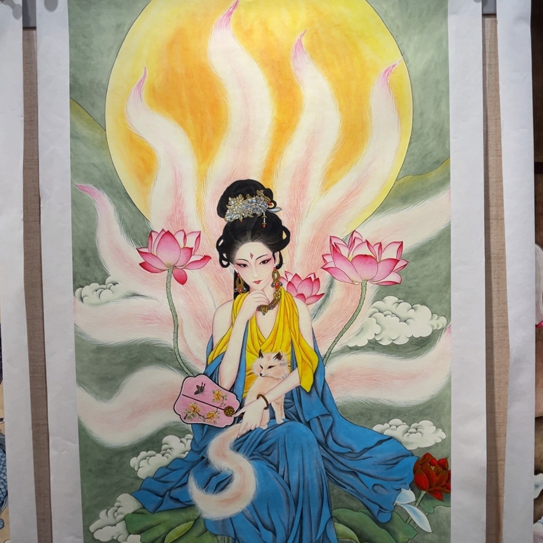 思***_国画李老师九尾狐画芯带手工轴