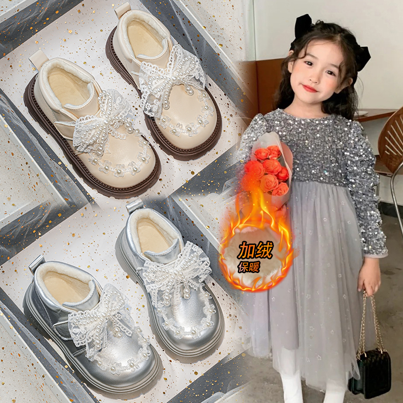 银色公主鞋女童靴子儿童公主短靴2025新款冬季小女孩加绒二棉鞋