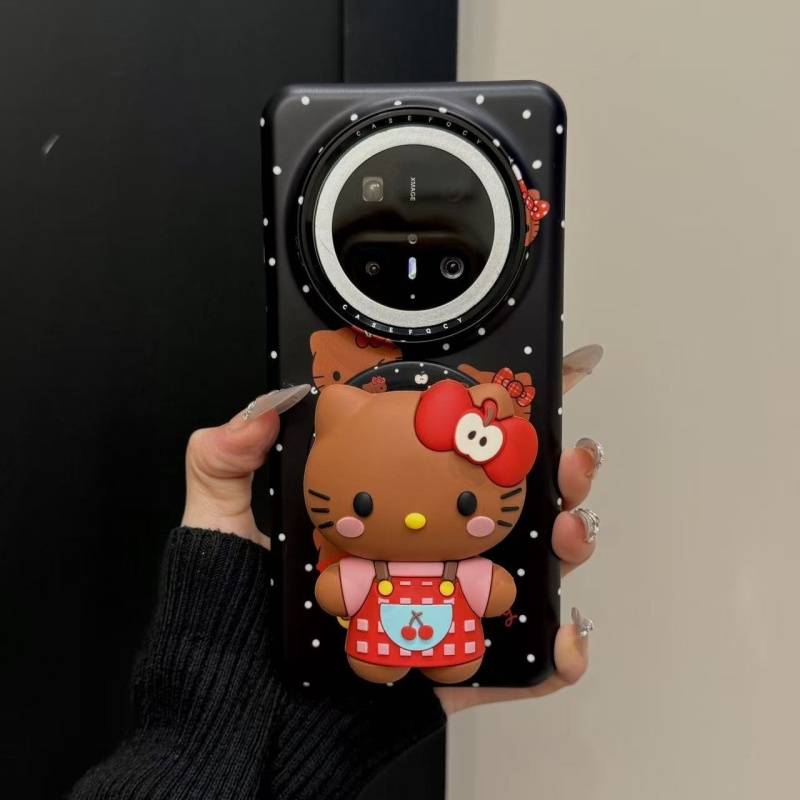 适用华为mate70pro手机壳苹果16pro韩系可爱黑底白波点棕皮猫咪ma