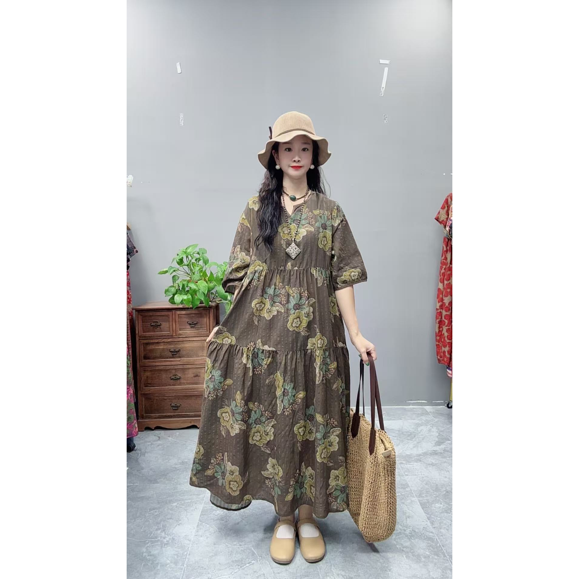 5117夏季新款显瘦气质时尚女百搭休闲文艺复古印花洋气宽松连衣裙