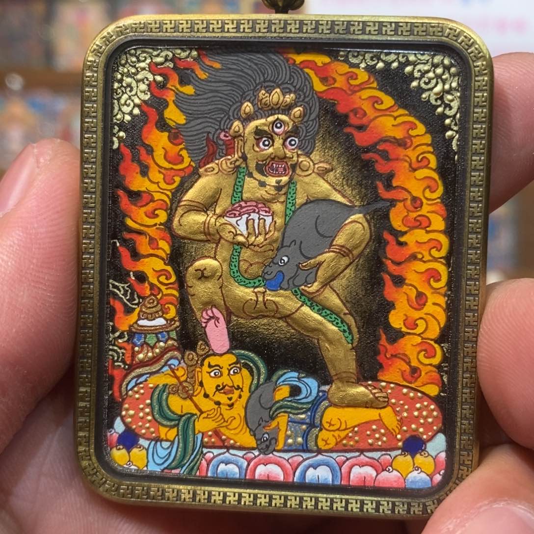 吊坠热贡纯手绘唐卡黑财