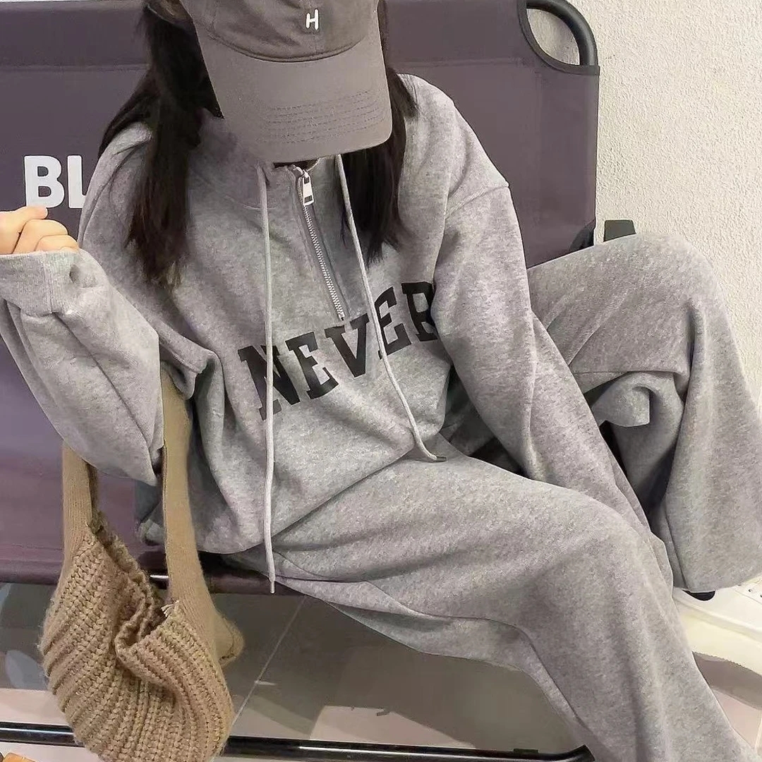 网红韩版上衣时尚卫衣秋季连帽休闲套装常规款灰色
