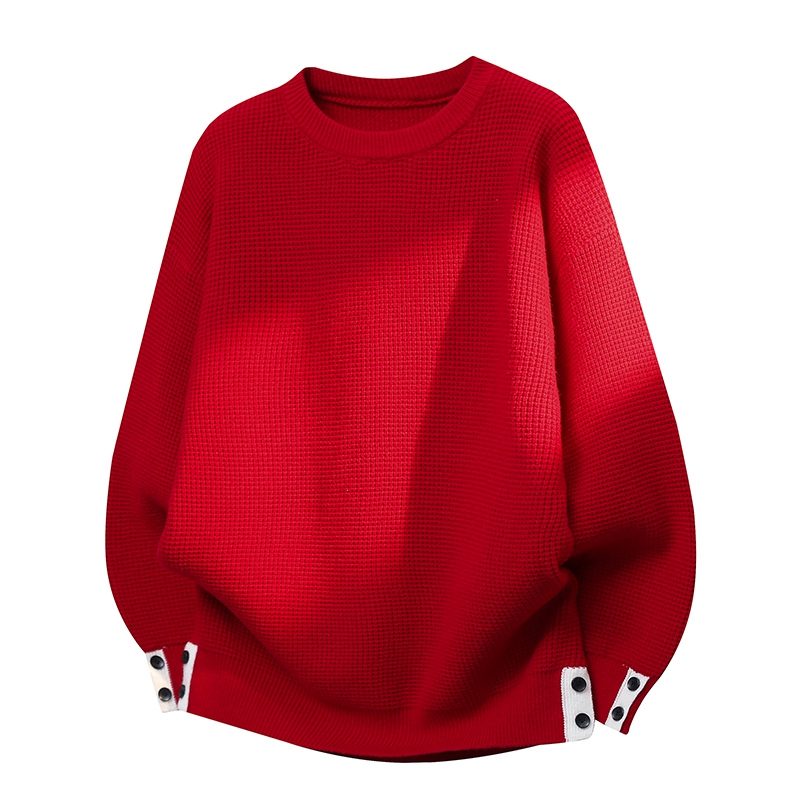 男高端红色低领加厚毛衣个性纯色套头衫休闲毛线衣青少年加厚保暖