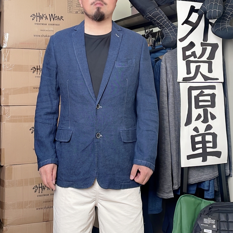 欧美单55亚麻男春秋复古小众两扣平驳领休闲西服便西单西外套