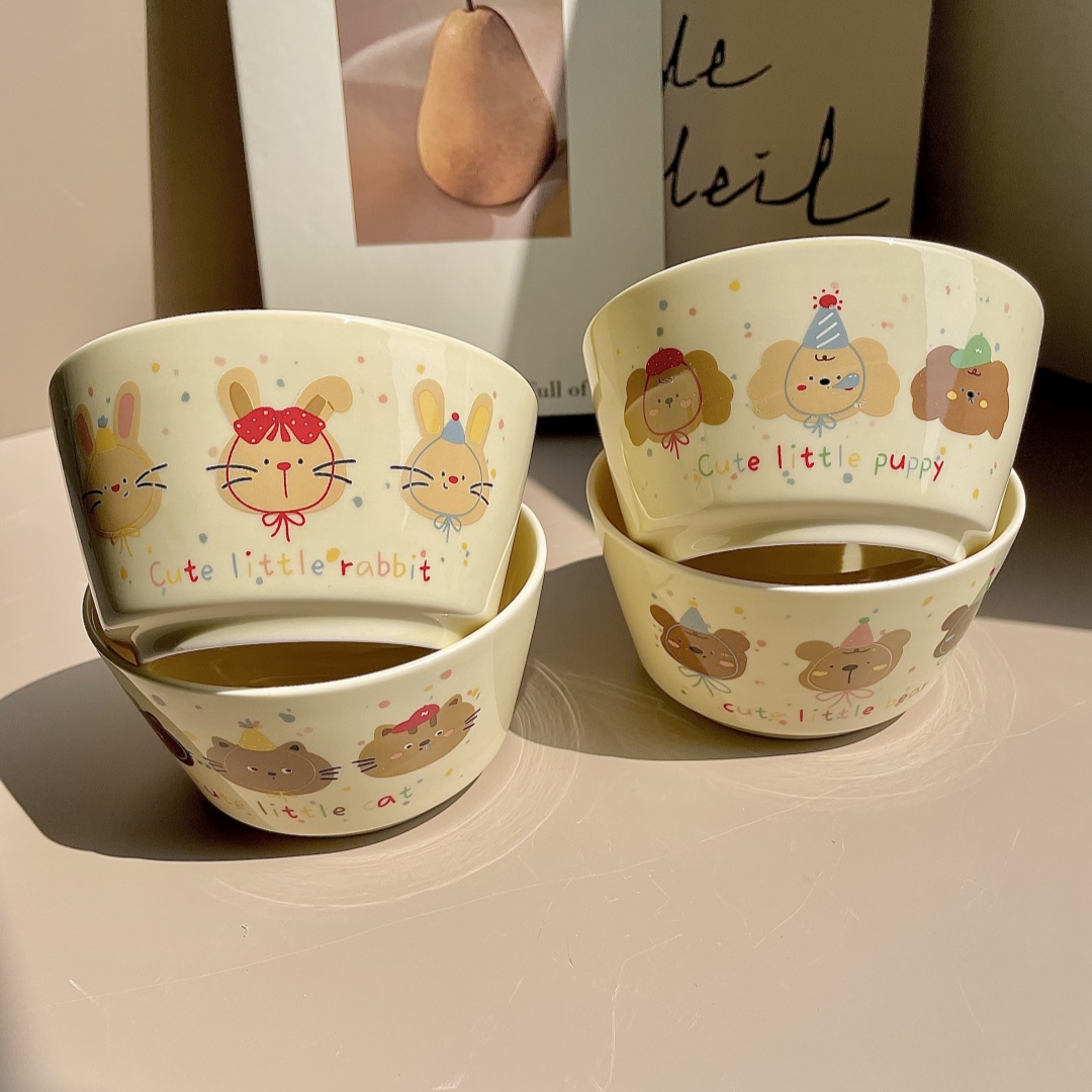 四个装奶油风卡通大容量饭碗手绘可爱家用少女饭碗陶瓷卡通甜品碗