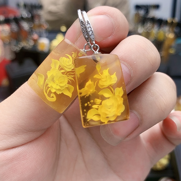 琥珀裸石银S925镶嵌耳坠