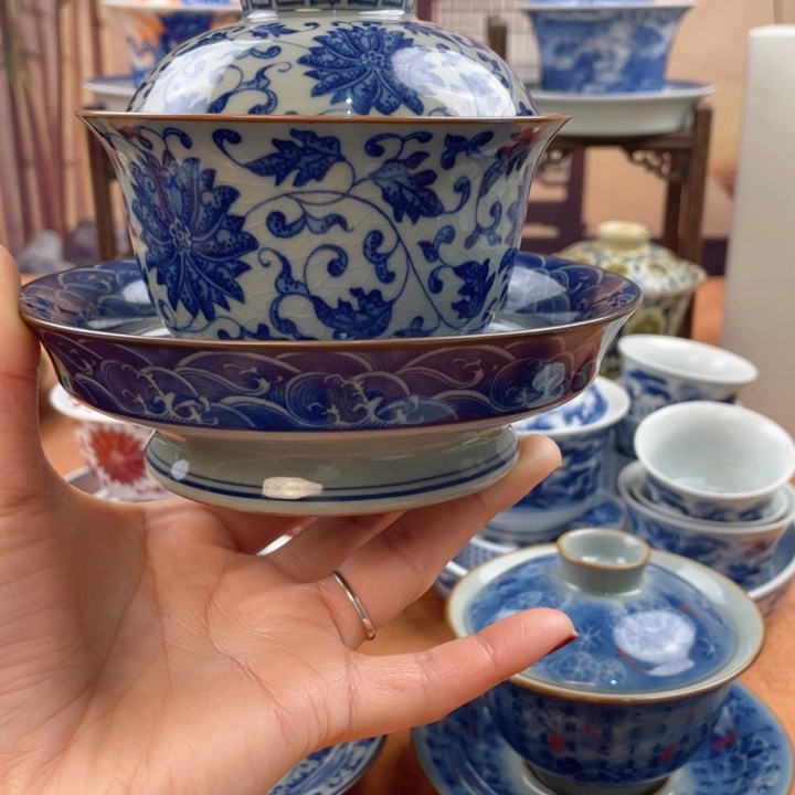 摆件陶老陶泥缠枝莲高足盖碗