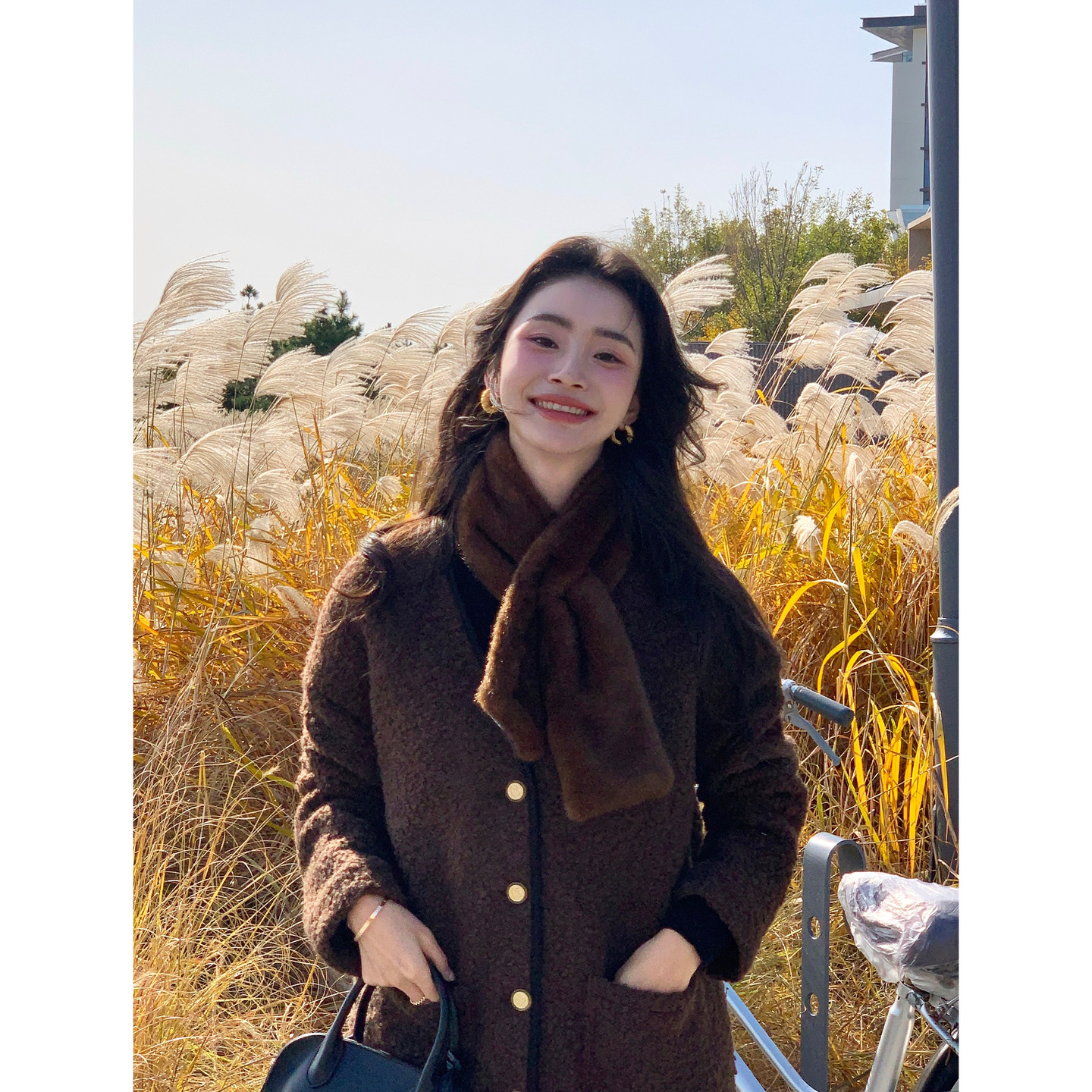 pusumede 温柔时髦 V领小香风羊羔毛外套女气质韩系软糯毛毛上衣