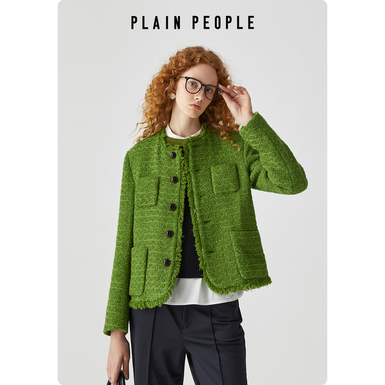 plainpeople小香风粗花呢流苏短外套大衣绿色女秋冬新品UH0101A43