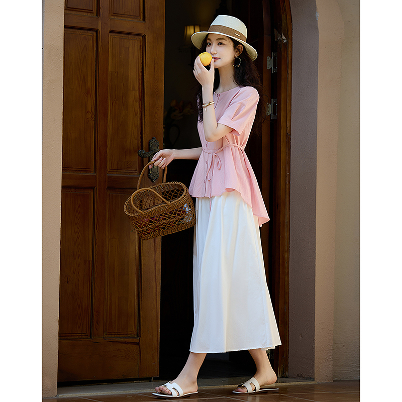 dme德·玛纳夏季垂感棉锦皱泡泡袖腰带衬衣气质