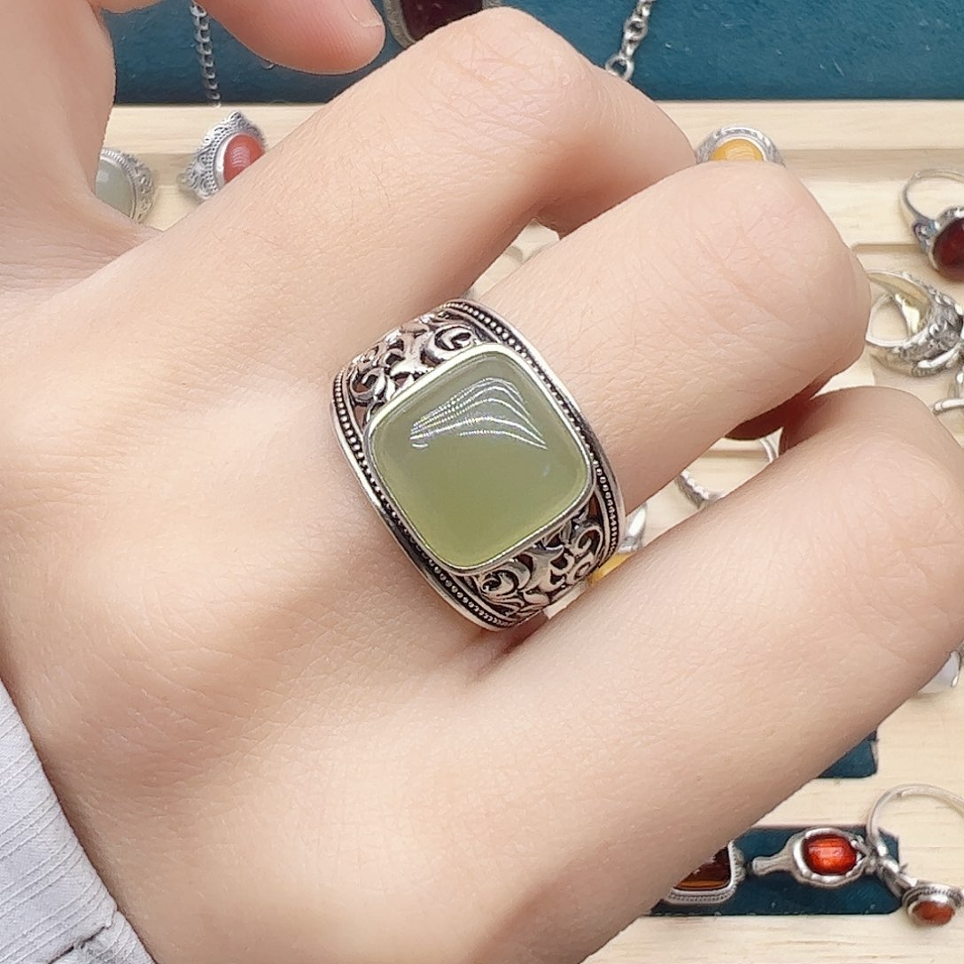 和田玉戒指银S925镶嵌