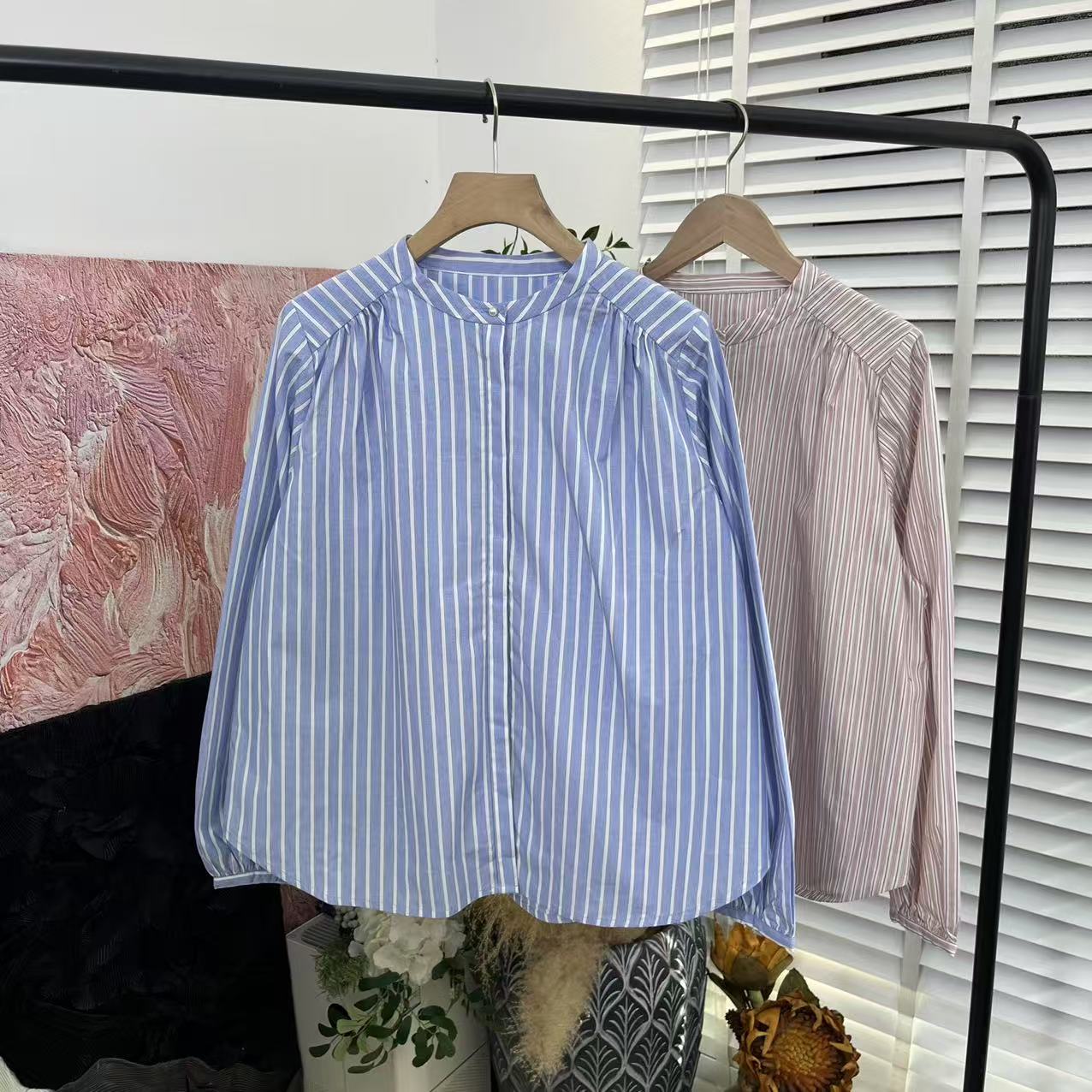 日系品质单「色织不掉色条纹」圆领长袖衬衫女E5032