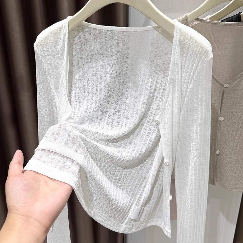 冰丝花纱针织防晒开衫女夏吊带裙外搭披肩薄纱镂空白色空调房罩衫