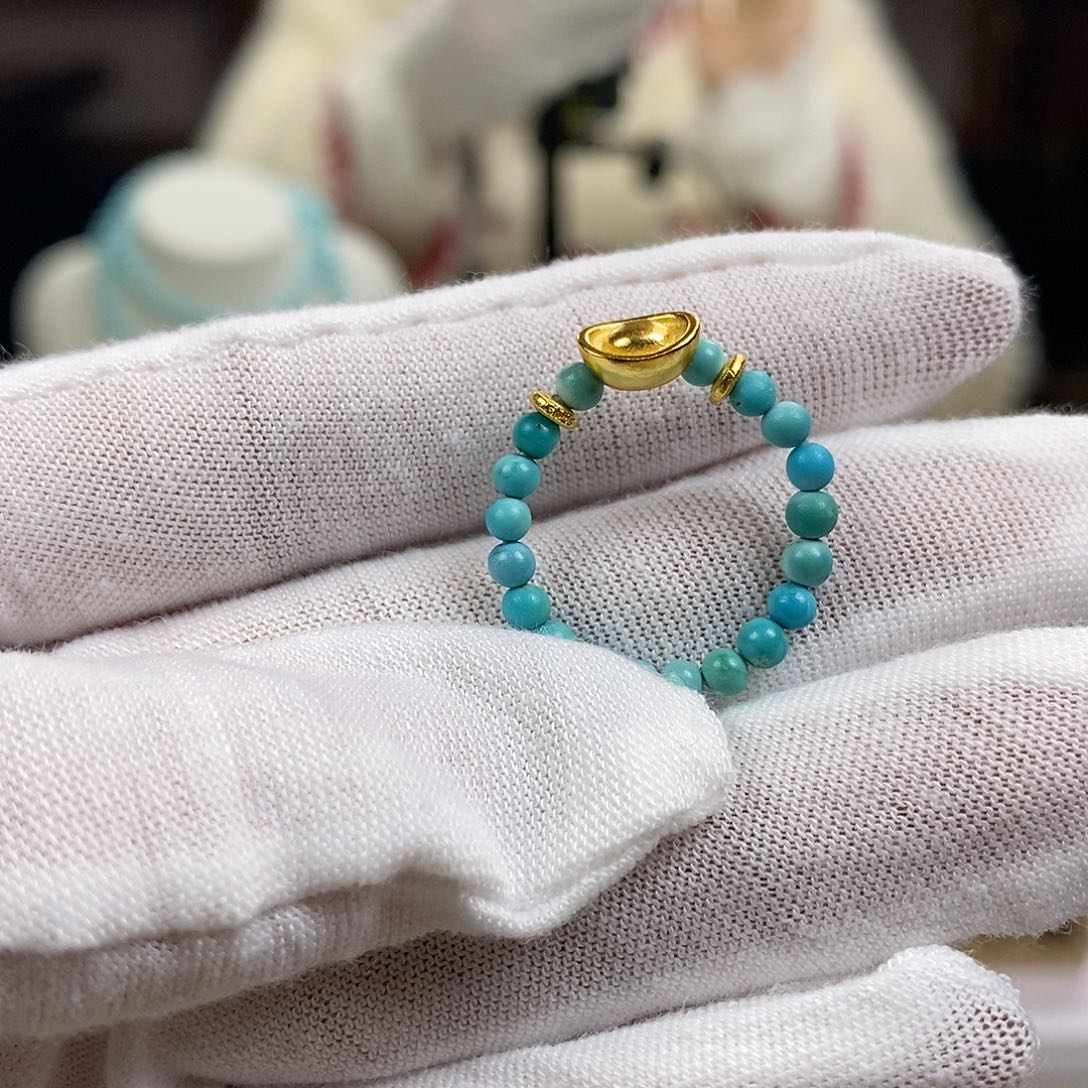 绿松石A1元宝戒圈银S925镀金镶嵌